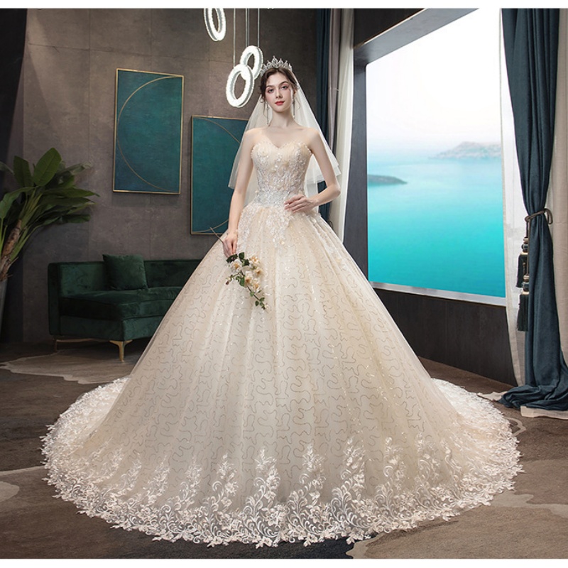 Chic Slim Champagne Strapless Wedding Dress Bridal Gown